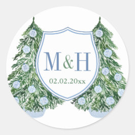 Preppy Blue Green Holidays Wedding Monogram Fevor Runder Aufkleber
