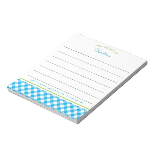 Preppy Blue & Green Script Gingham Lined Notepad Notizblock (Rotiert)