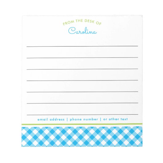 Preppy Blue & Green Script Gingham Lined Notepad Notizblock (Vorderseite)