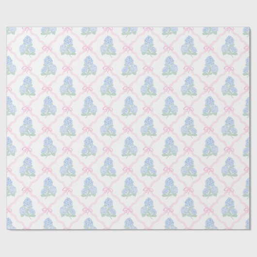 Preppy Blue Hydrangea with Pink Bow Trellis Geschenkpapier (Flach)