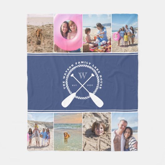 Preppy Blue Lake House Monogram Foto Collage Fleecedecke (Vorderseite)