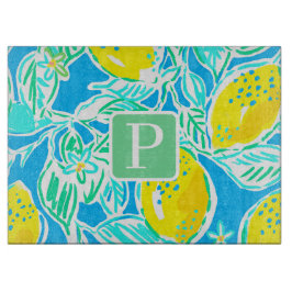Preppy Blue Lemon Initial Monogram Cutting Board Schneidebrett