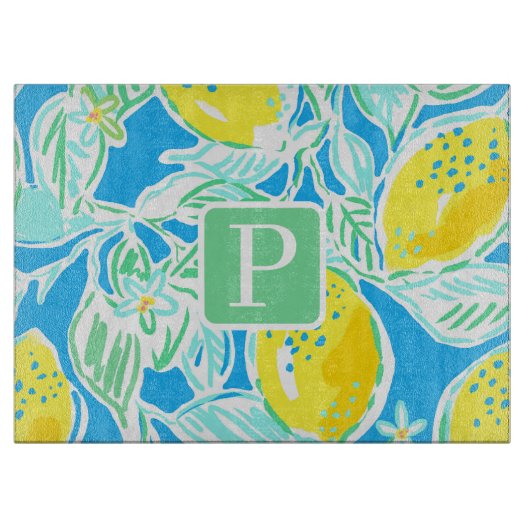Preppy Blue Lemon Initial Monogram Cutting Board Schneidebrett (Vorderseite)