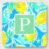 Preppy Blue Lemon Pattern Initial-Untersetzer Getränkeuntersetzer (Vorderseite)