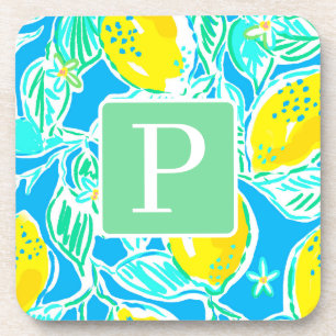 Preppy Blue Lemon Pattern Initial-Untersetzer Getränkeuntersetzer