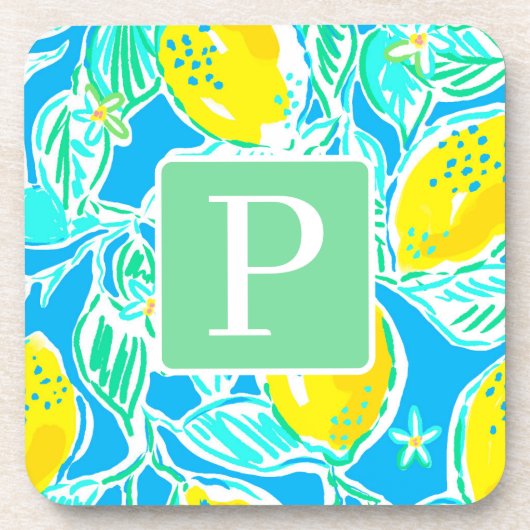 Preppy Blue Lemon Pattern Initial-Untersetzer Getränkeuntersetzer (Vorderseite)