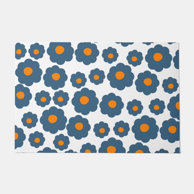 Preppy Blue Orange Hippie Blume Muster Fußmatte (Vorderseite)