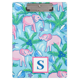 Preppy Blue Pink Green Elephant Monogram Klemmbrett