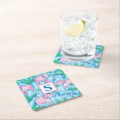 Preppy Blue Pink Green Elephant Monogram Rechteckiger Pappuntersetzer (Vor Ort)