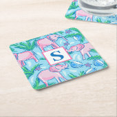 Preppy Blue Pink Green Elephant Monogram Rechteckiger Pappuntersetzer (angewinkelt)