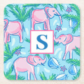 Preppy Blue Pink Green Elephant Monogram Rechteckiger Pappuntersetzer (Vorderseite)