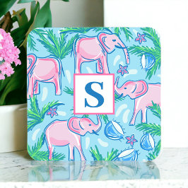 Preppy Blue Pink Green Elephant Monogram Rechteckiger Pappuntersetzer