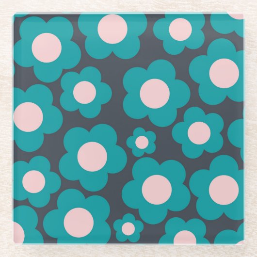 Preppy Blue Pink Hippie Blume Muster Glasuntersetzer (Vorderseite)