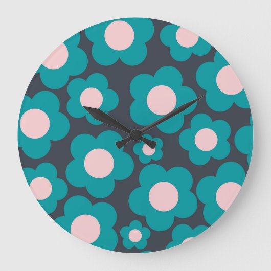 Preppy Blue Pink Hippie Blume Muster Große Wanduhr (Vorderseite)