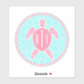 Preppy Blue Pink Monogram Quatrefoil Sea Turtle Aufkleber (Blatt)