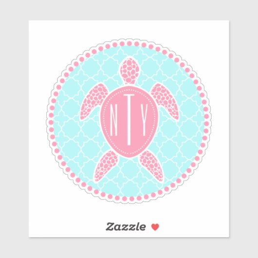 Preppy Blue Pink Monogram Quatrefoil Sea Turtle Aufkleber (Blatt)