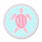 Preppy Blue Pink Monogram Quatrefoil Sea Turtle Aufkleber (Vorderseite)