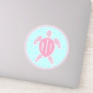 Preppy Blue Pink Monogram Quatrefoil Sea Turtle Aufkleber