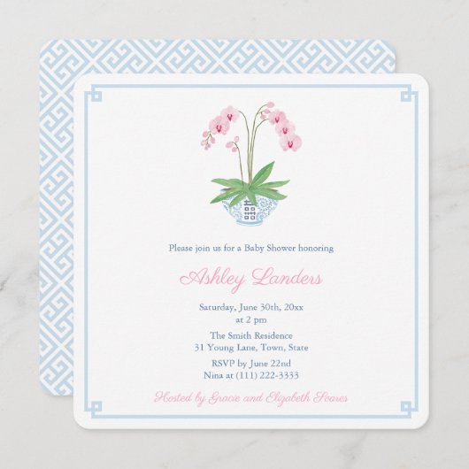 Preppy Blue Pink Orchid Ginger Jar Baby Dusche Einladung (Vorne/Hinten)