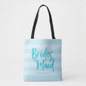 Preppy Blue Stripes Brush Script Bridesmaid Tasche (Vorderseite)