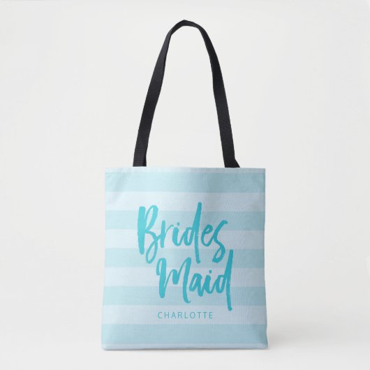 Preppy Blue Stripes Brush Script Bridesmaid Tasche (Vorderseite)