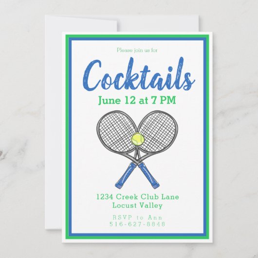 Preppy Blue Tennis Racquets Cocktail Party Einladung (Vorderseite)