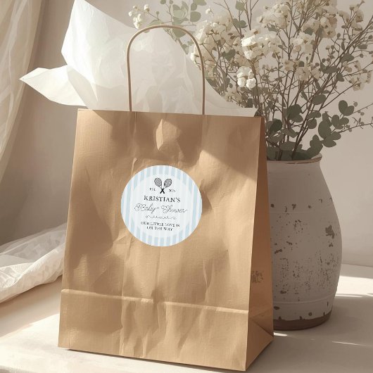 Preppy Blue Tennis Theme Chic Baby Shower Runder Aufkleber