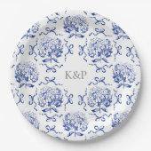 Preppy Blue Toile Hydrangea Bow mit Namen Pappteller (Vorderseite)