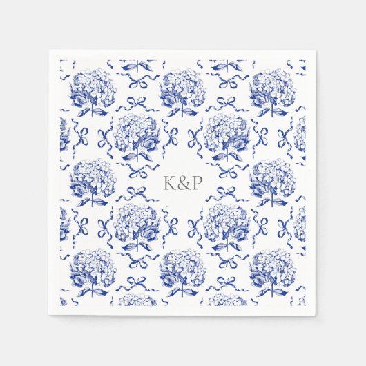 Preppy Blue Toile Hydrangea Bow mit Namen Serviette (Vorderseite)