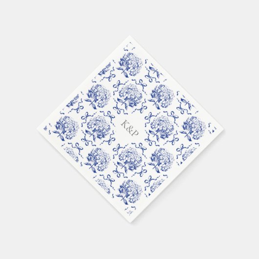 Preppy Blue Toile Hydrangea Bow mit Namen Serviette (Ecke)