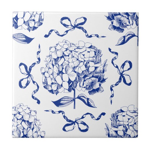 Preppy Blue Toile Hydrangea Bow Nahtloses Muster Fliese (Vorderseite)