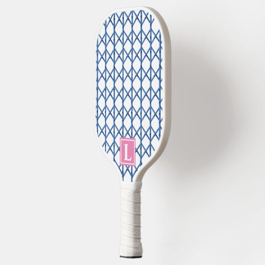 Preppy Blue Trellis Bamboo Kleines Muster Monogram Pickleball Schläger (Links)