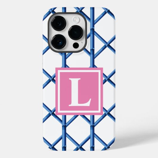 Preppy Blue Trellis Bamboo Muster Monogram Case-Mate iPhone Hülle (Rückseite)