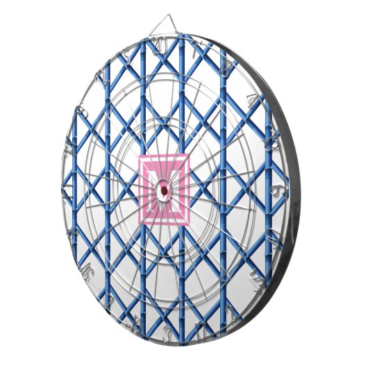 Preppy Blue Trellis Bamboo Muster Monogram Dartscheibe (Vorderseite rechts)