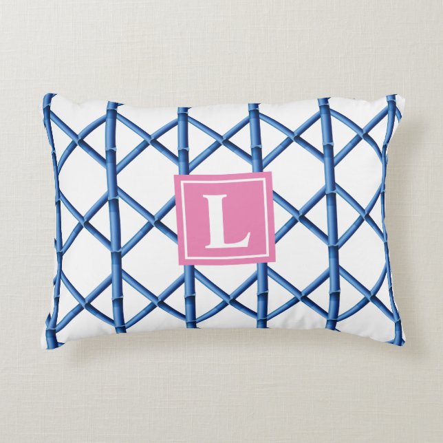 Preppy Blue Trellis Bamboo Muster Monogram Dekokissen (Vorderseite)