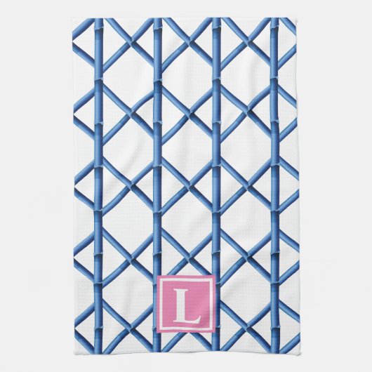 Preppy Blue Trellis Bamboo Muster Monogram Geschirrtuch (Vertikal)
