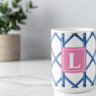 Preppy Blue Trellis Bamboo Muster Monogram Kaffeetasse