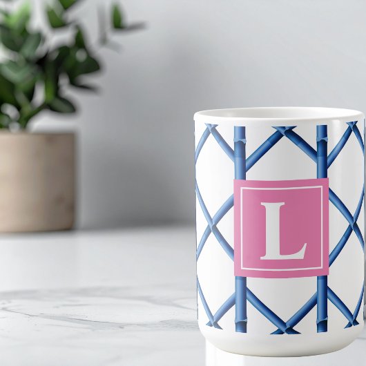 Preppy Blue Trellis Bamboo Muster Monogram Kaffeetasse