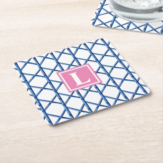Preppy Blue Trellis Bamboo Muster Monogram Rechteckiger Pappuntersetzer (angewinkelt)
