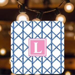 Preppy Blue Trellis Bamboo Muster Monogram Rechteckiger Pappuntersetzer