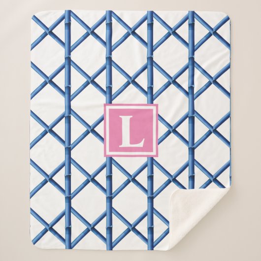 Preppy Blue Trellis Bamboo Muster Monogram Sherpadecke (Vorderseite)
