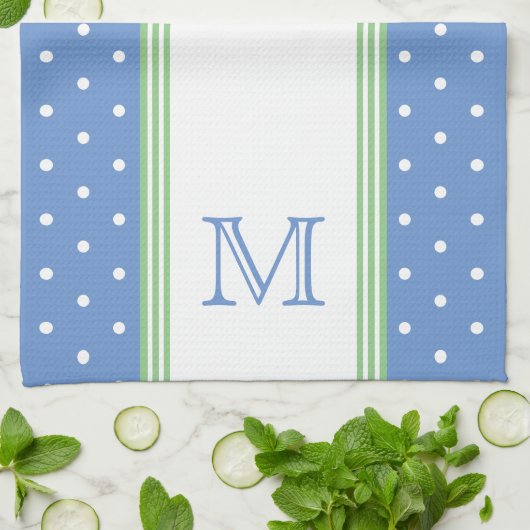 Preppy Blue und Green Polka Dot Monogram Geschirrtuch (Gefaltet)