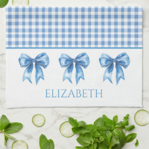 Preppy Blue und White Gingham und Bow Geschirrtuch