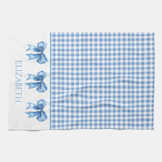 Preppy Blue und White Gingham und Bow Geschirrtuch (Horizontal)