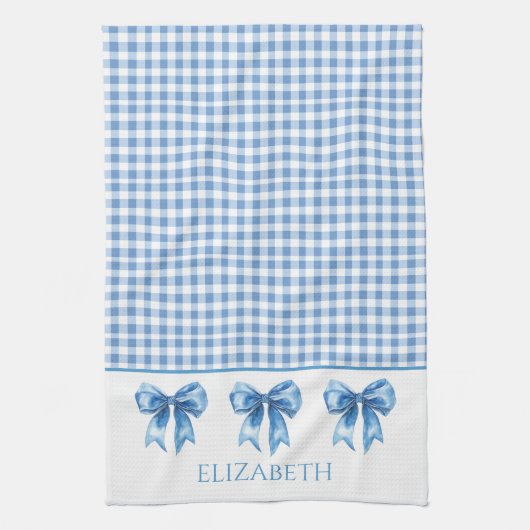 Preppy Blue und White Gingham und Bow Geschirrtuch (Vertikal)