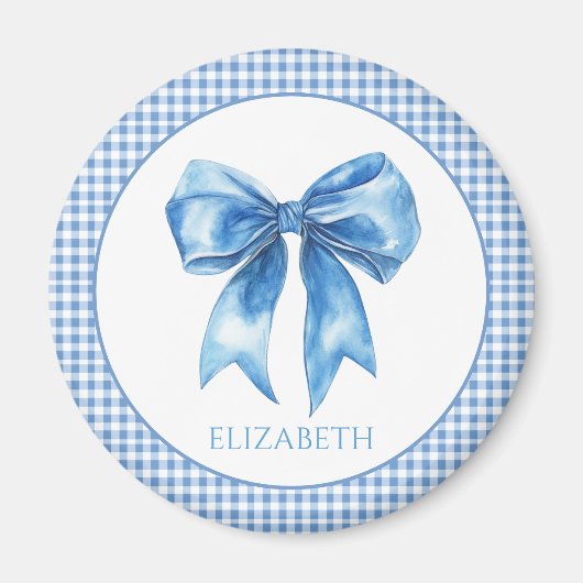 Preppy Blue und White Gingham und Bow Magnet (Vorne)