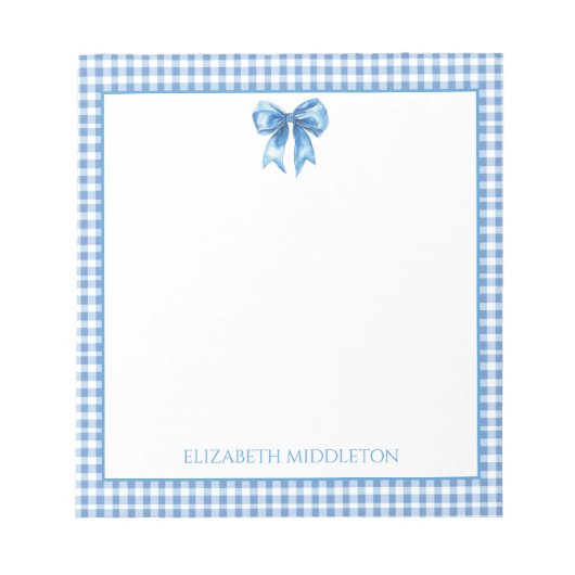 Preppy Blue und White Gingham und Bow Notizblock (Vorderseite)