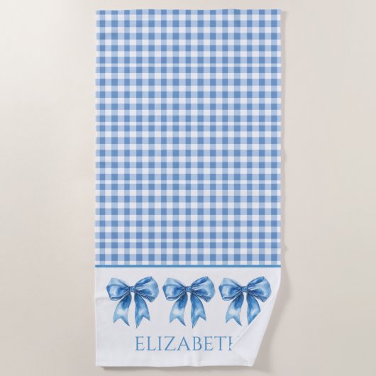 Preppy Blue und White Gingham und Bow Strandtuch (Vorderseite)