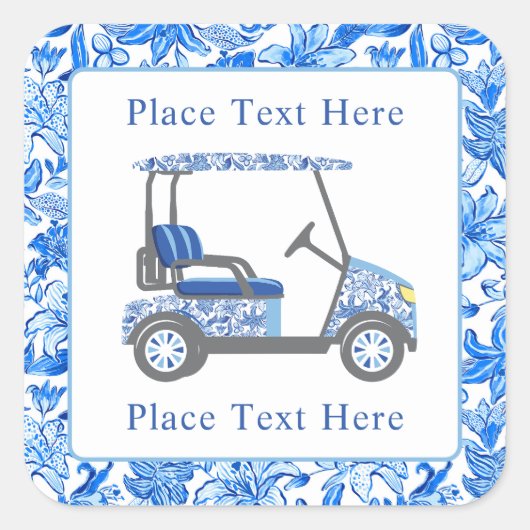 Preppy Blue & White Flowers Golf Cart Quadratischer Aufkleber (Vorderseite)