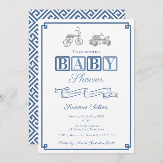 Preppy Blue & White Vintag Toys Kinderdusche Party Einladung (Vorne/Hinten)